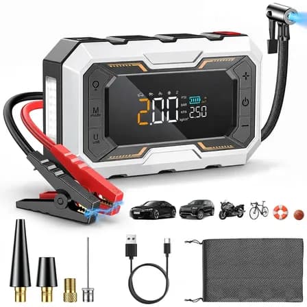 aweshine Auxiliar Partida Portátil com Compressor Ar 150 PSI,5 Modo Inflagem,10 Funções Proteção Inteligente,Auxiliar Partida Veicular Carro Moto Caminhão,Digital Duplo,Power Bank e Lanterna LED prata