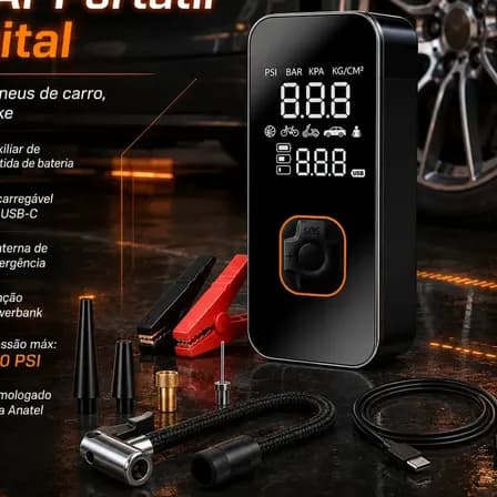 Auxiliar de Partida de Bateria Veicular Portátil Com Compressor de Ar Para Carro e Moto