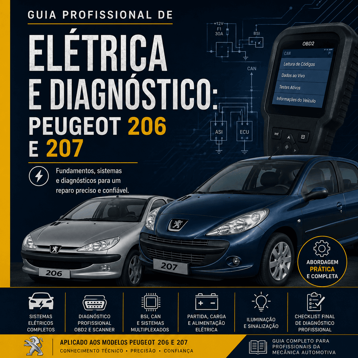 Capa do Guia Profissional de Elétrica e Diagnóstico dos Peugeot 206 e 207