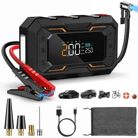 aweshine Auxiliar Partida Portátil com Compressor Ar 150 PSI,5 Modo Inflagem,10 Funções Proteção Inteligente,Auxiliar Partida Veicular Carro Moto Caminhão,Digital Duplo,Power Bank e Lanterna LED preto