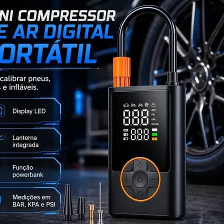 Compressor Portátil Car Air Pump Digital Com Visor Para Carro Moto Bike Calibrador De Pneu Multifuncional
